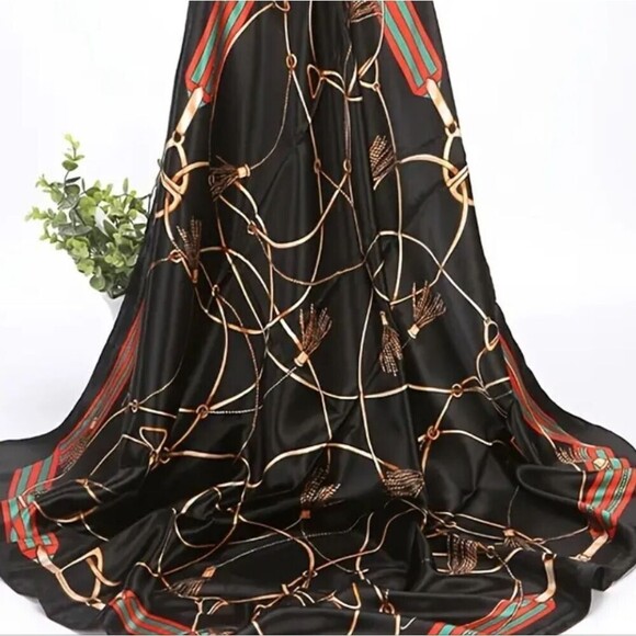Black nautical LUXURY Square Scarf Imitation Silk Shawl wrap - Picture 2 of 3